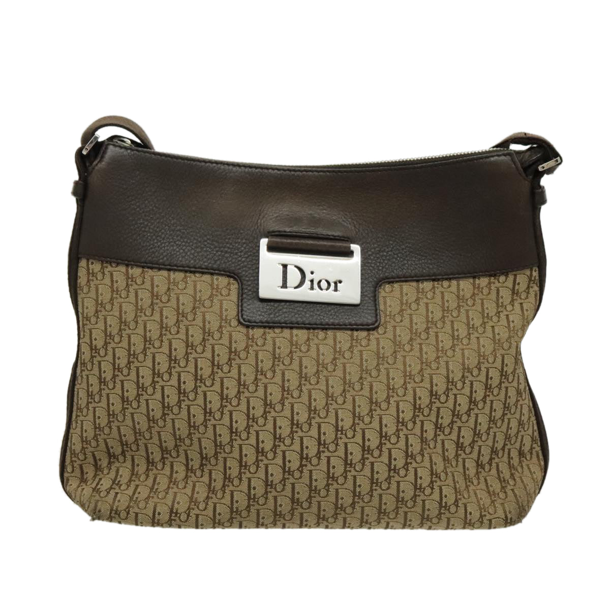 Christian Dior Trotter Canvas Shoulder Bag Beige Brown Silver Auth 96398