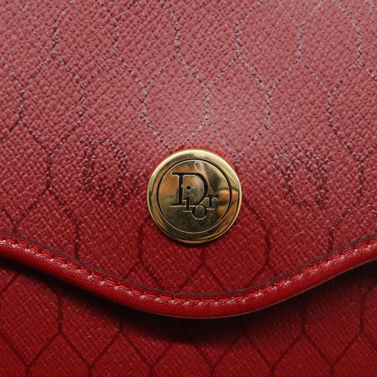 Christian Dior Honeycomb Canvas Shoulder Bag PVC Red Gold Auth 96436