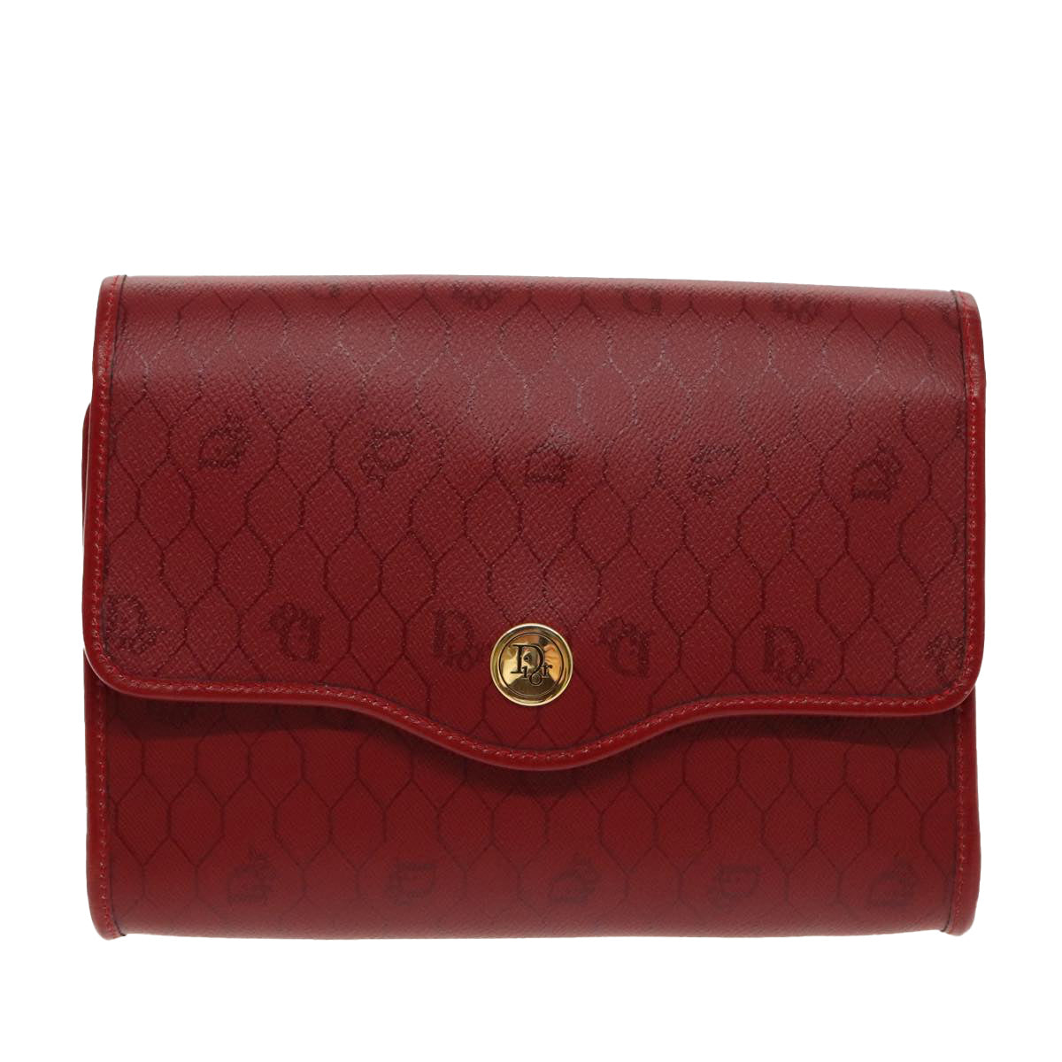 Christian Dior Honeycomb Canvas Shoulder Bag PVC Red Gold Auth 96436