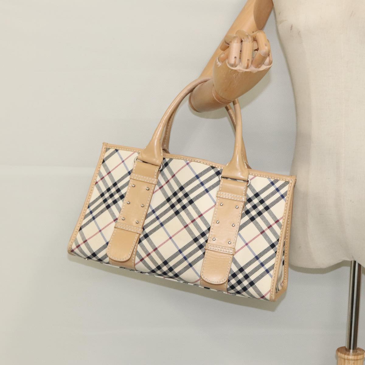 BURBERRY Nova Check Blue Label Hand Bag Canvas Beige Auth 96451