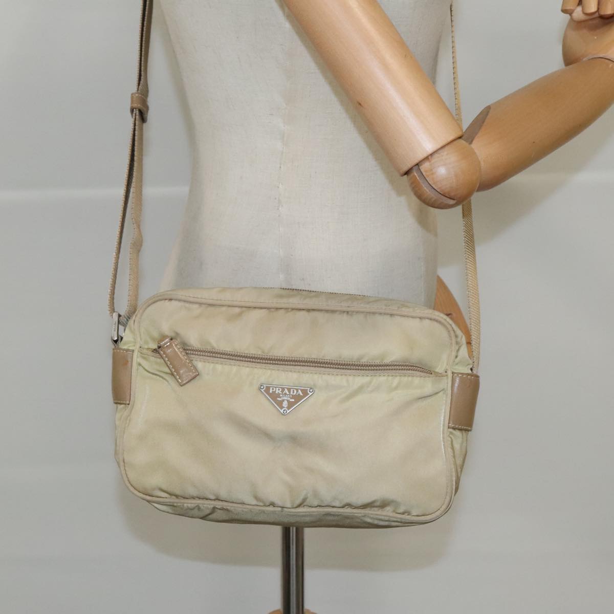 PRADA Shoulder Bag Nylon Beige Silver Auth 96465