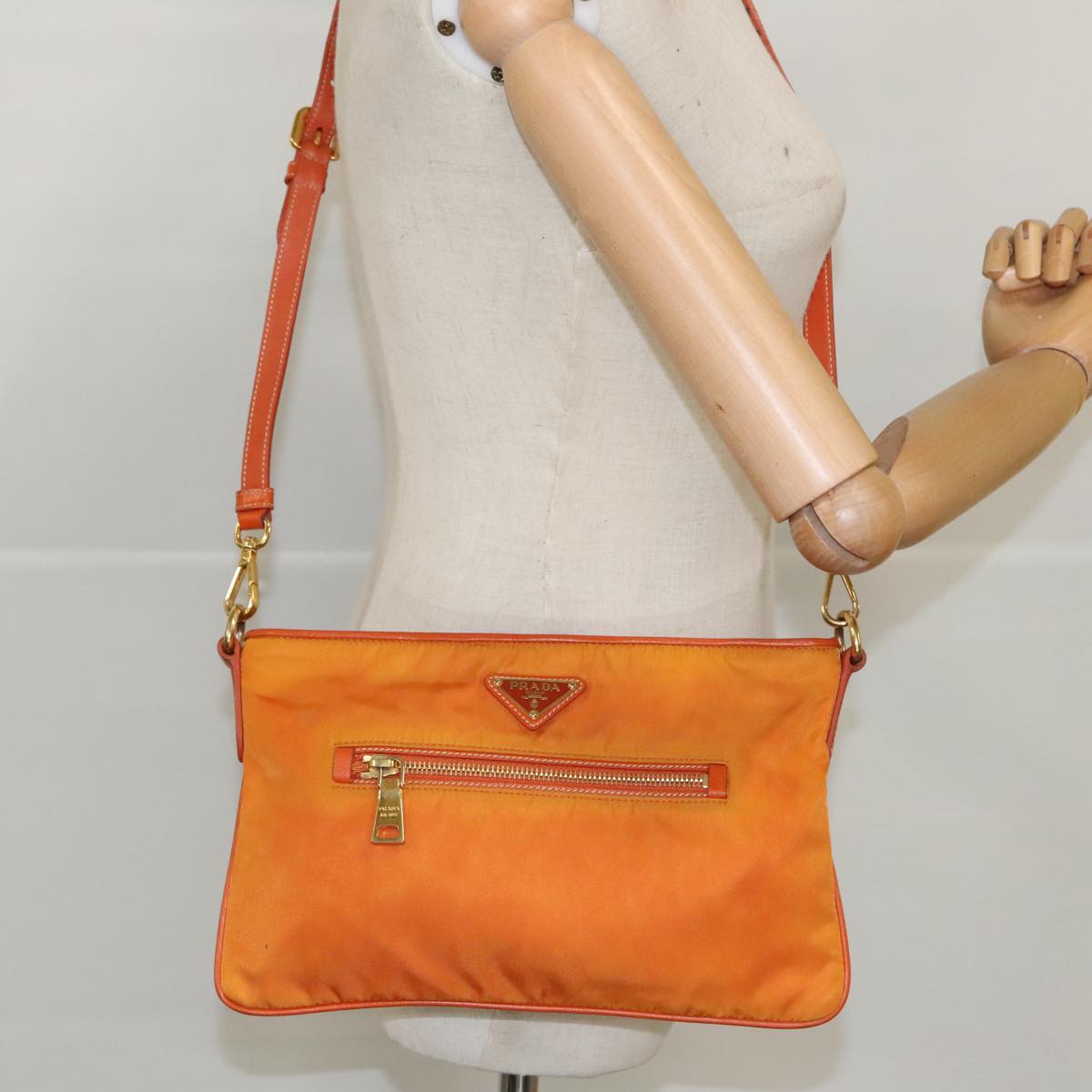 PRADA Shoulder Bag Nylon Orange Gold Auth 96469