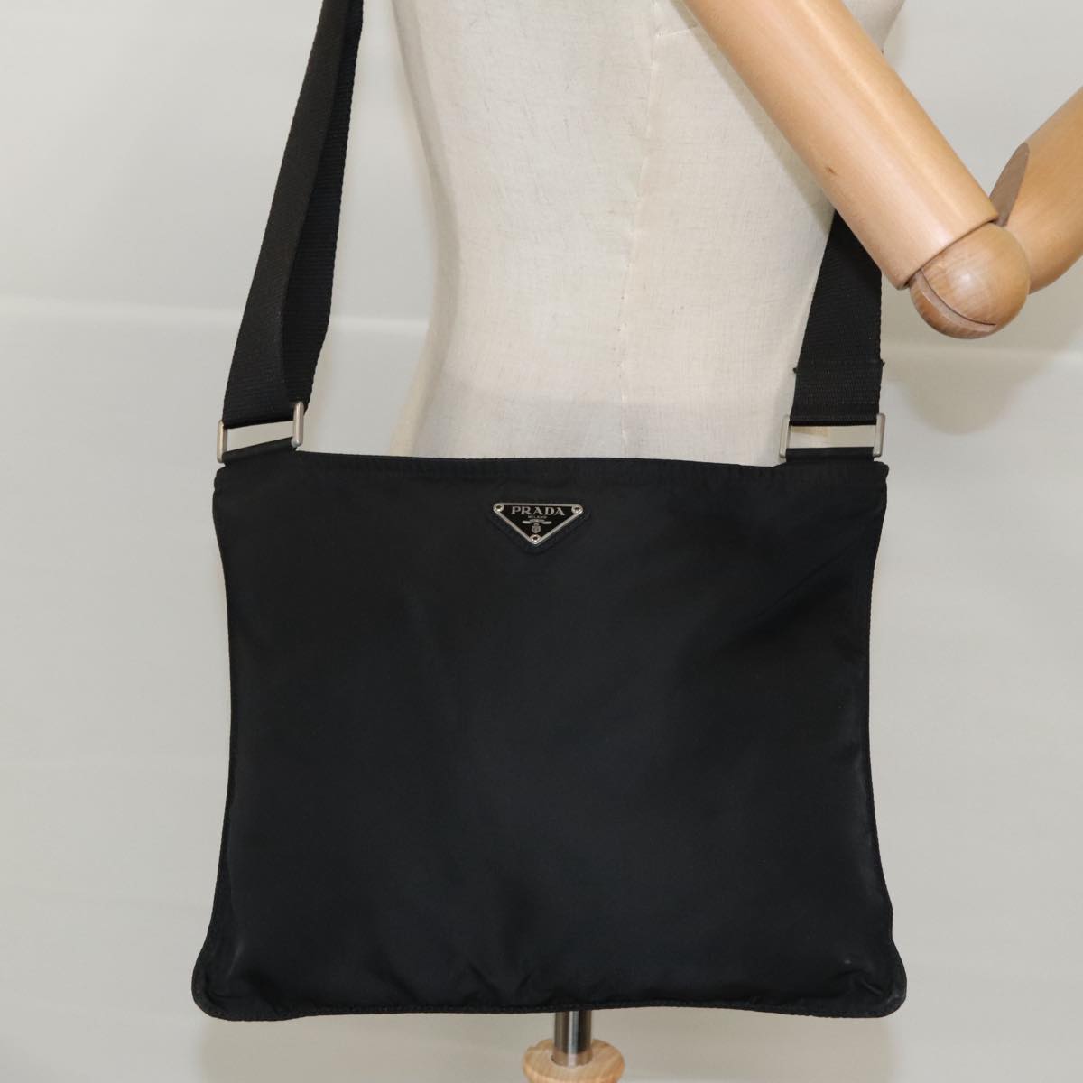 PRADA Shoulder Bag Nylon Black Silver Auth 96497