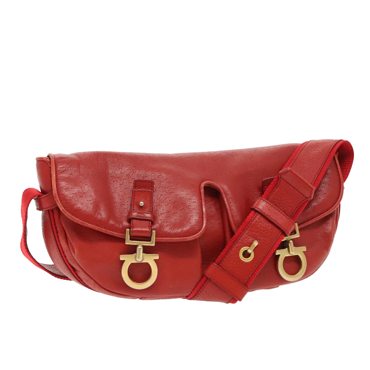 Salvatore Ferragamo Gancini Shoulder Bag Leather Red Gold Auth 96500