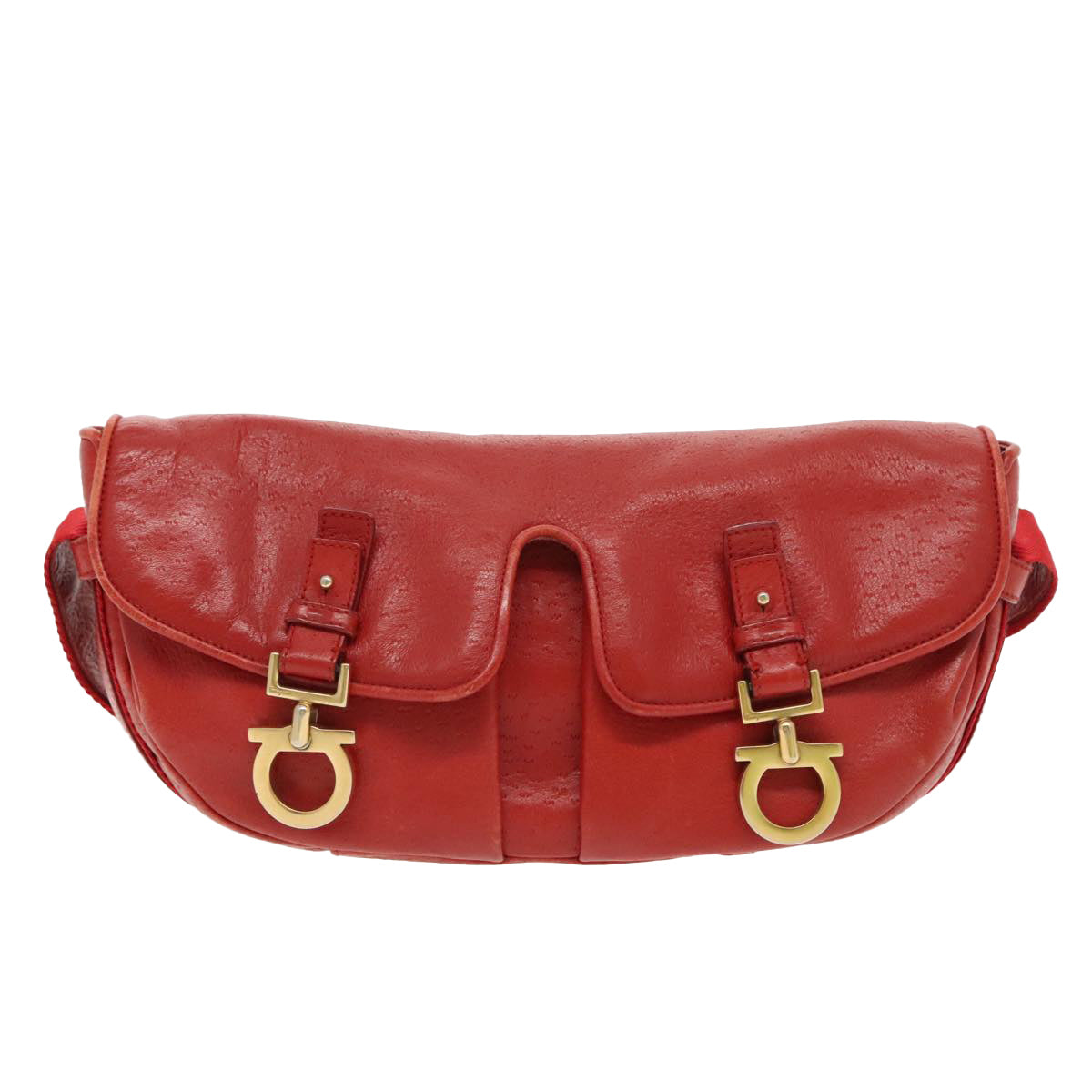 Salvatore Ferragamo Gancini Shoulder Bag Leather Red Gold Auth 96500