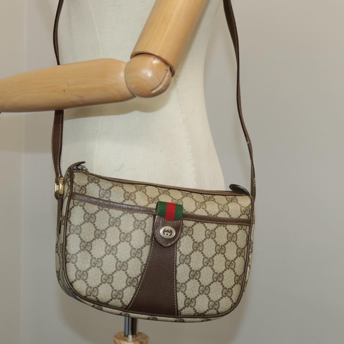 GUCCI GG Supreme Web Sherry Line Shoulder Bag PVC Beige 89 02 032 Auth 96515