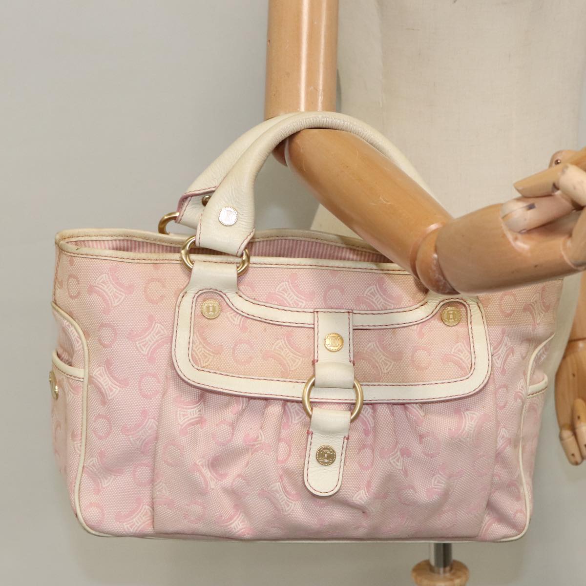 CELINE C Macadam Canvas Hand Bag Pink Gold Auth 96517