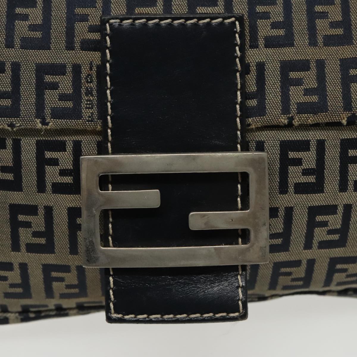 FENDI Zucchino Canvas Mamma Baguette Shoulder Bag Navy Silver Auth 96518