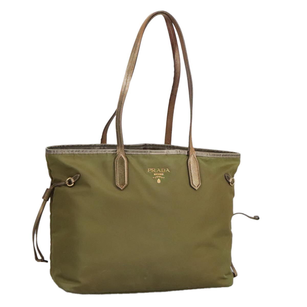 PRADA Tote Bag Nylon Khaki Gold Auth 96520