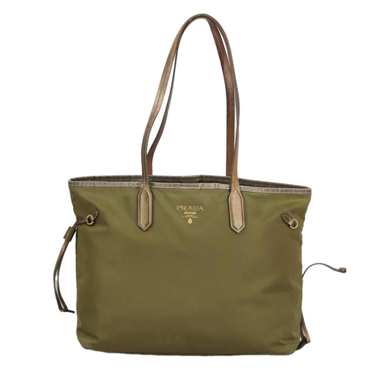 PRADA Tote Bag Nylon Khaki Gold Auth 96520