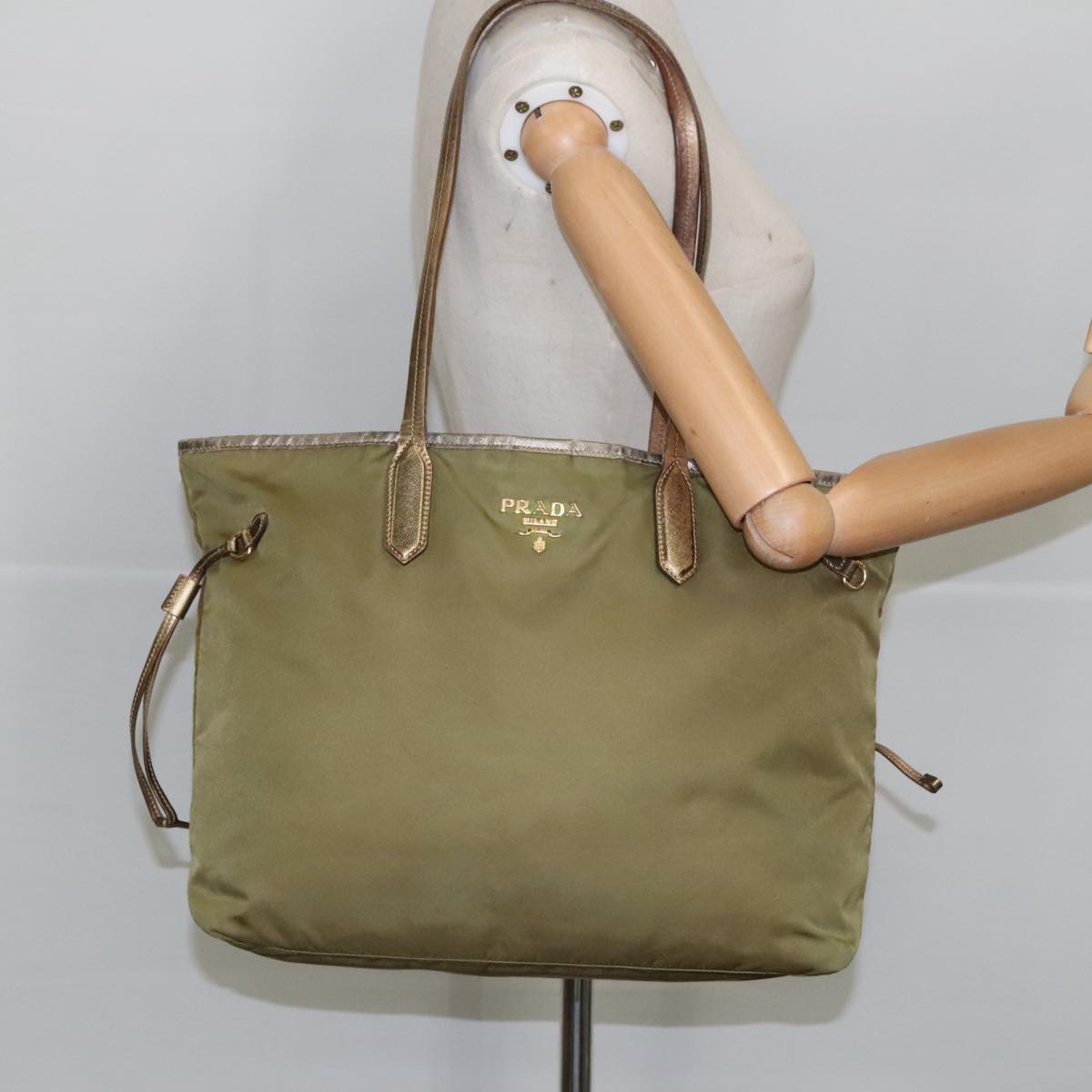 PRADA Tote Bag Nylon Khaki Gold Auth 96520