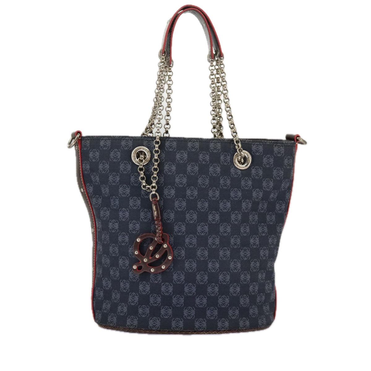 LOEWE Anagram Chain Shoulder Bag Canvas Navy Silver Auth 96522