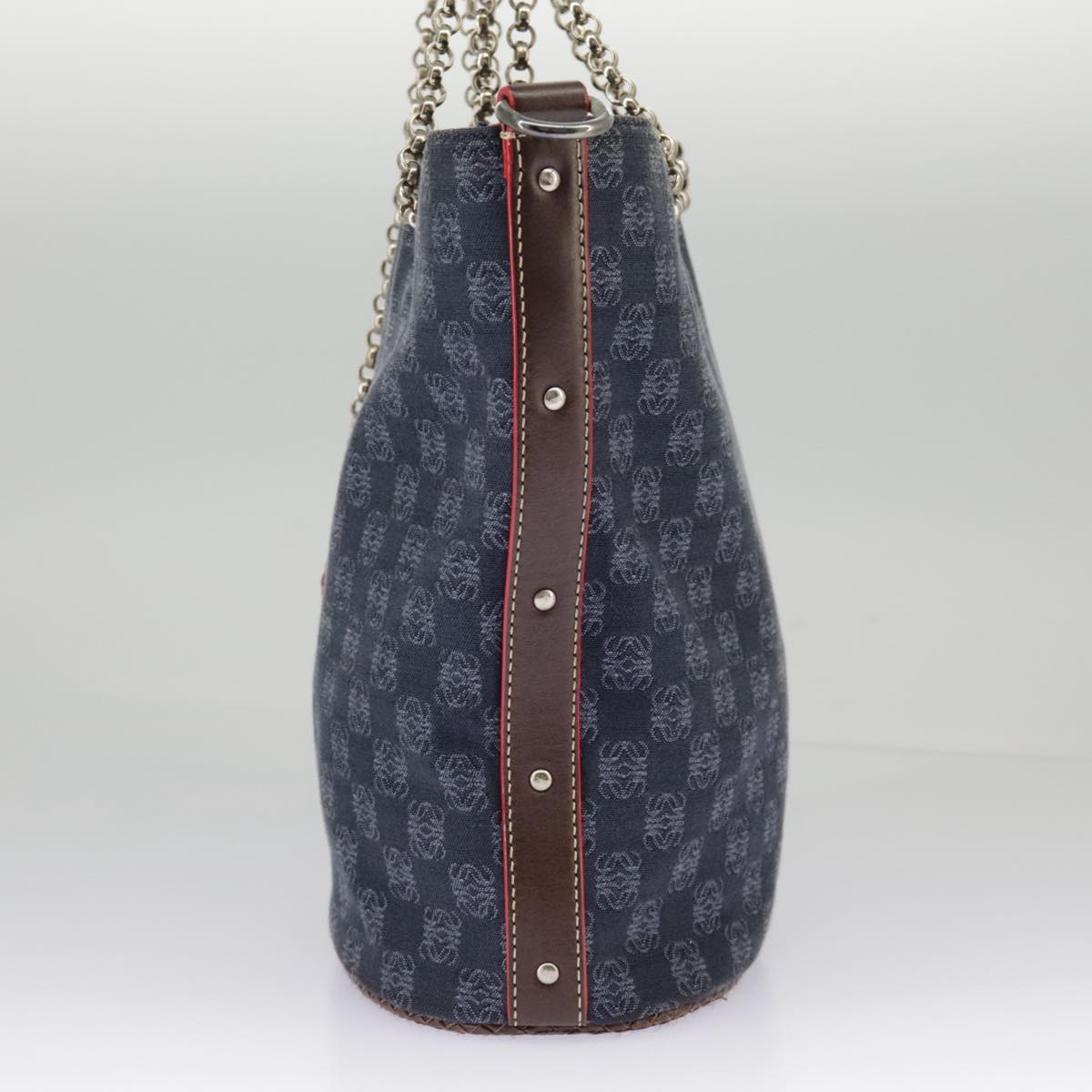 LOEWE Anagram Chain Shoulder Bag Canvas Navy Silver Auth 96522