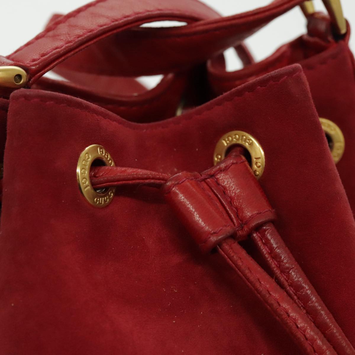 GUCCI Shoulder Bag Suede Leather Red Gold Auth 96583