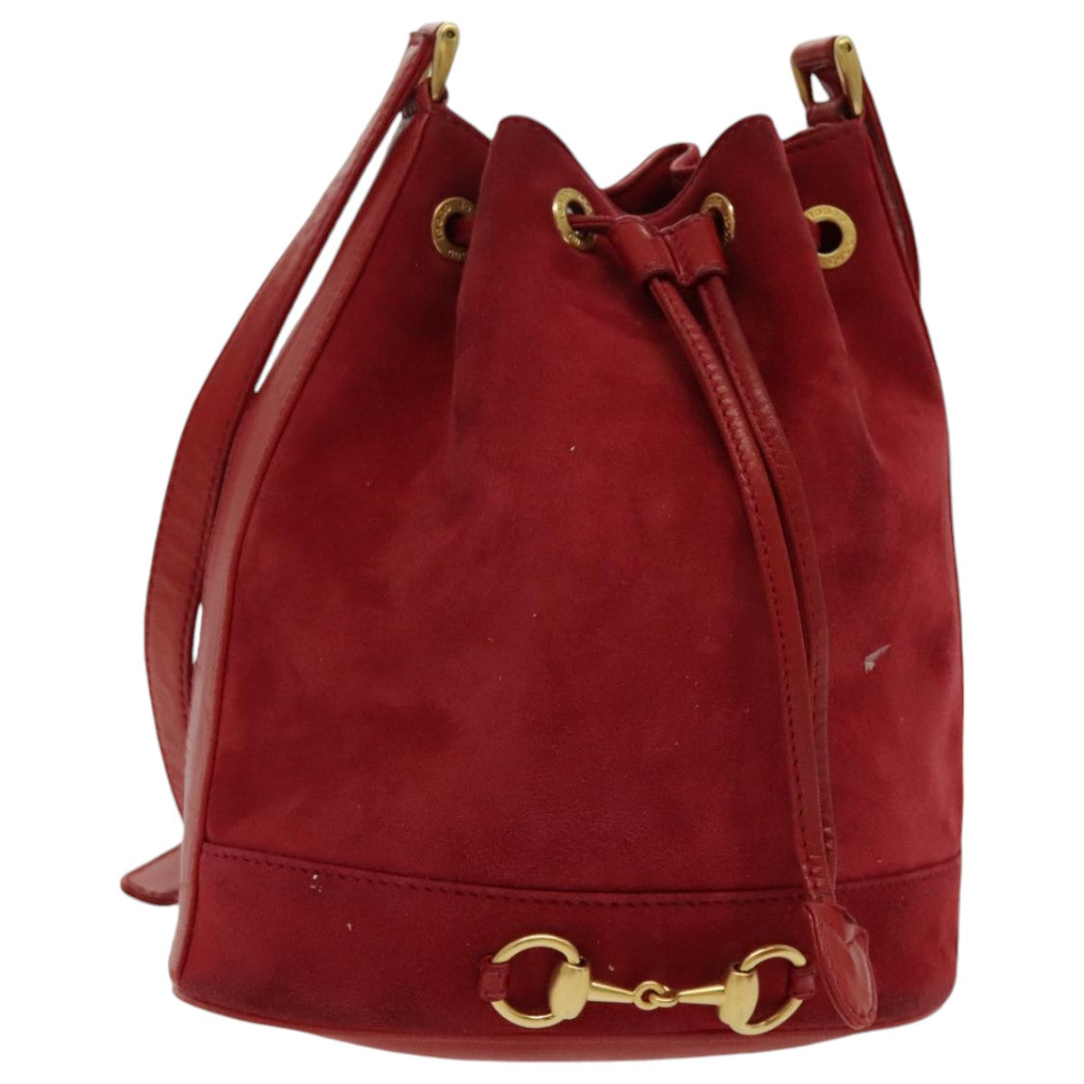 GUCCI Shoulder Bag Suede Leather Red Gold Auth 96583