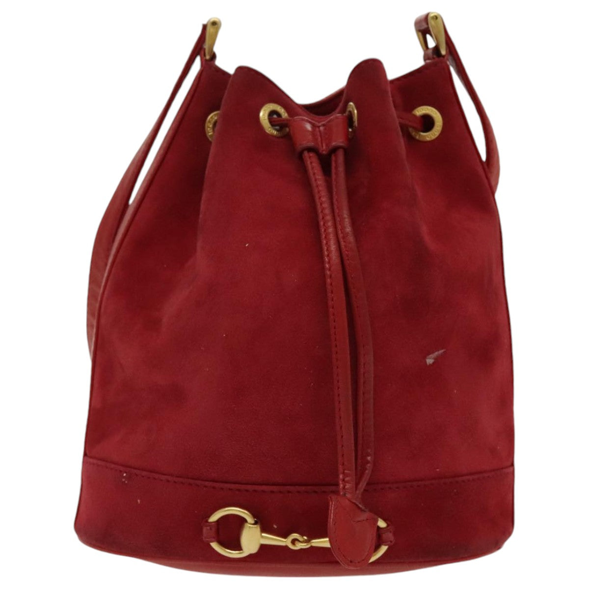 GUCCI Shoulder Bag Suede Leather Red Gold Auth 96583