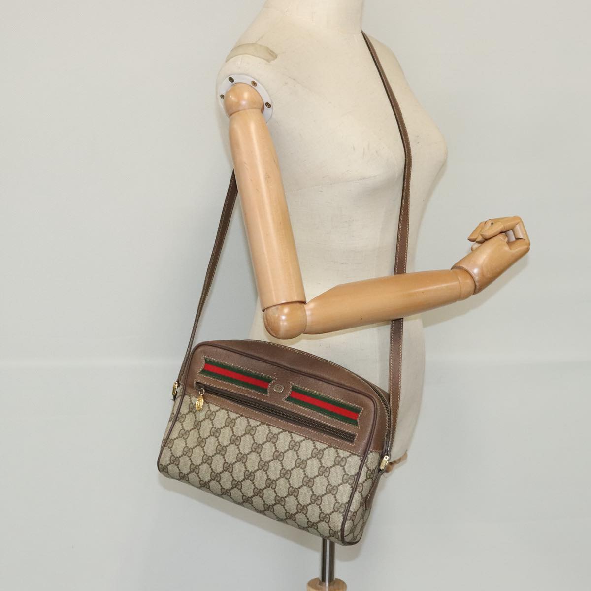 GUCCI GG Supreme Web Sherry Line Shoulder Bag PVC Beige Red Green Auth 96585