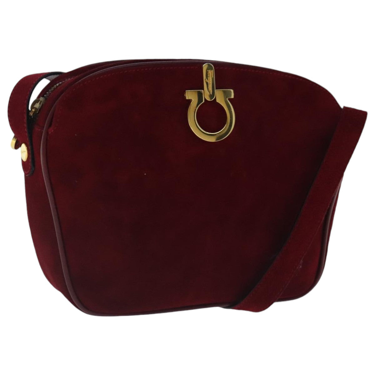 Salvatore Ferragamo Gancini Shoulder Bag Suede Red Gold Auth 96588