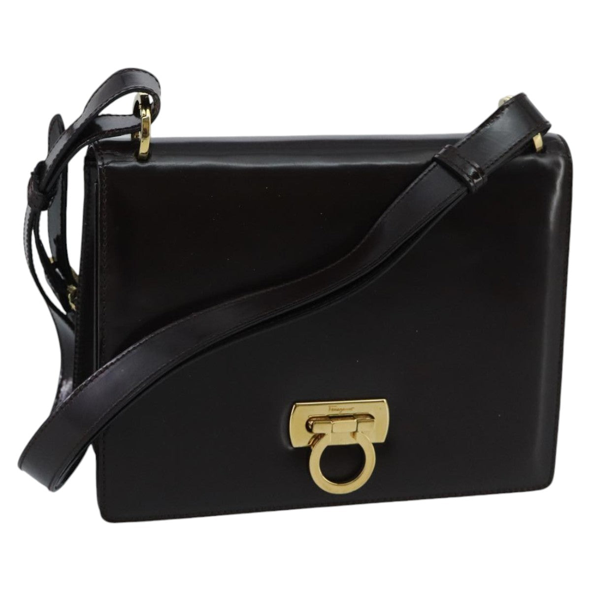 Salvatore Ferragamo Gancini Shoulder Bag Enamel Black Gold Auth 96589