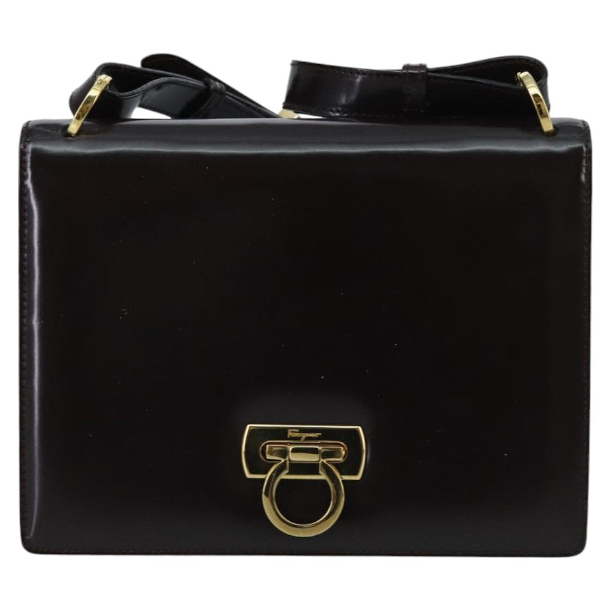 Salvatore Ferragamo Gancini Shoulder Bag Enamel Black Gold Auth 96589 - 0