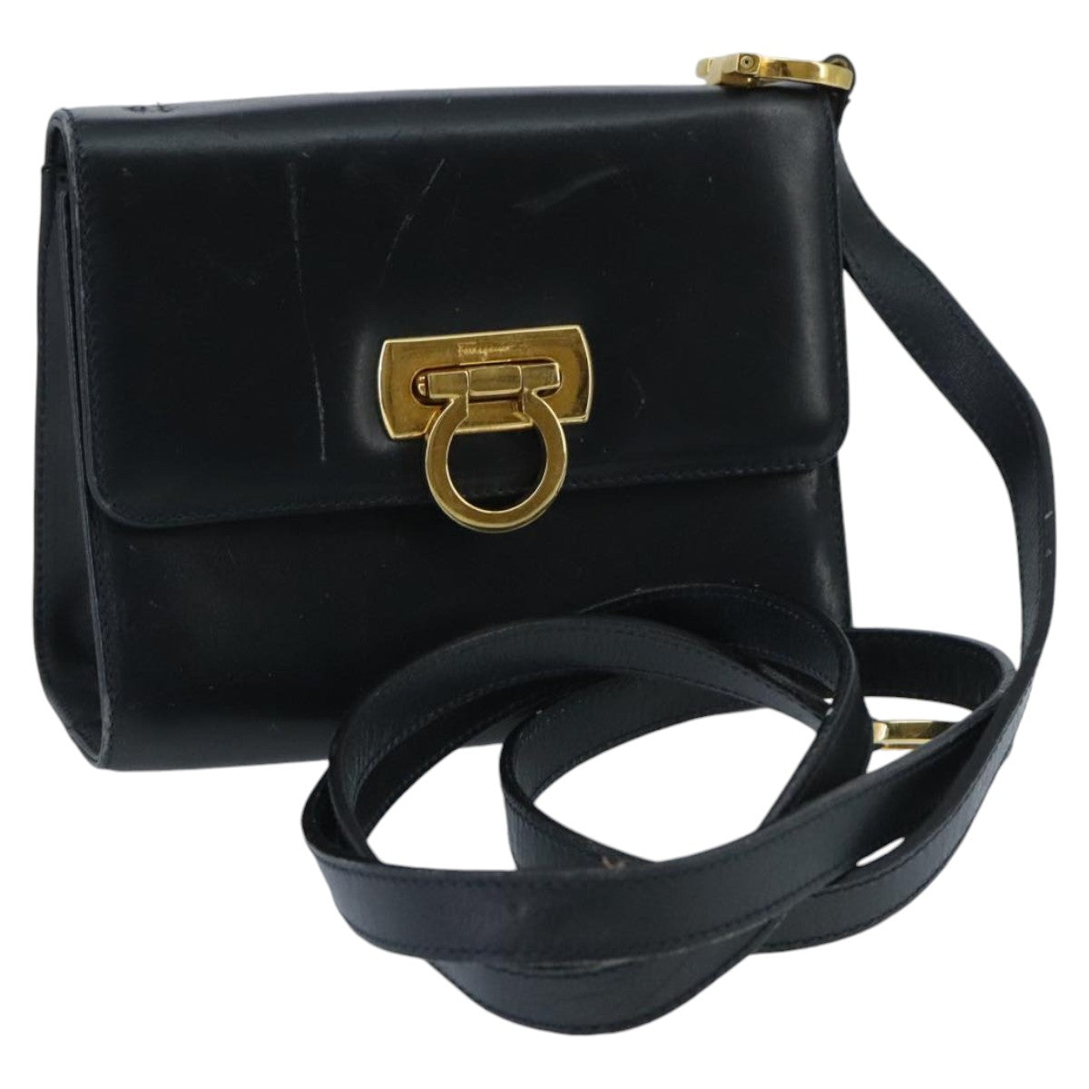 Salvatore Ferragamo Gancini Shoulder Bag Leather Navy Gold Auth 96590