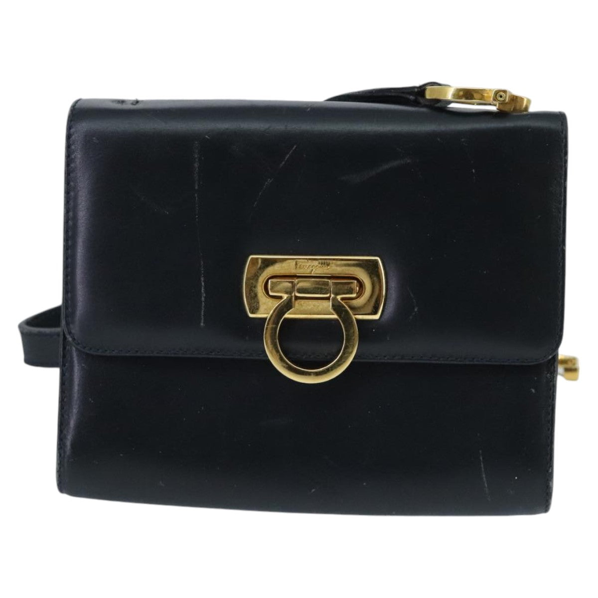 Salvatore Ferragamo Gancini Shoulder Bag Leather Navy Gold Auth 96590