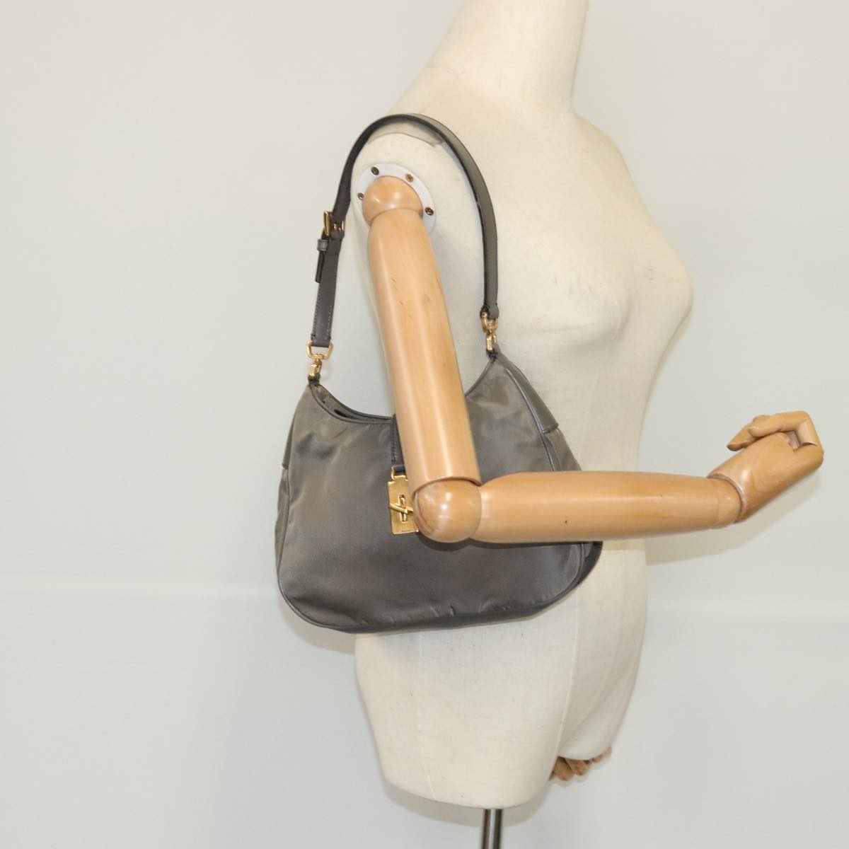 PRADA Shoulder Bag Nylon Gray Gold Auth 96594