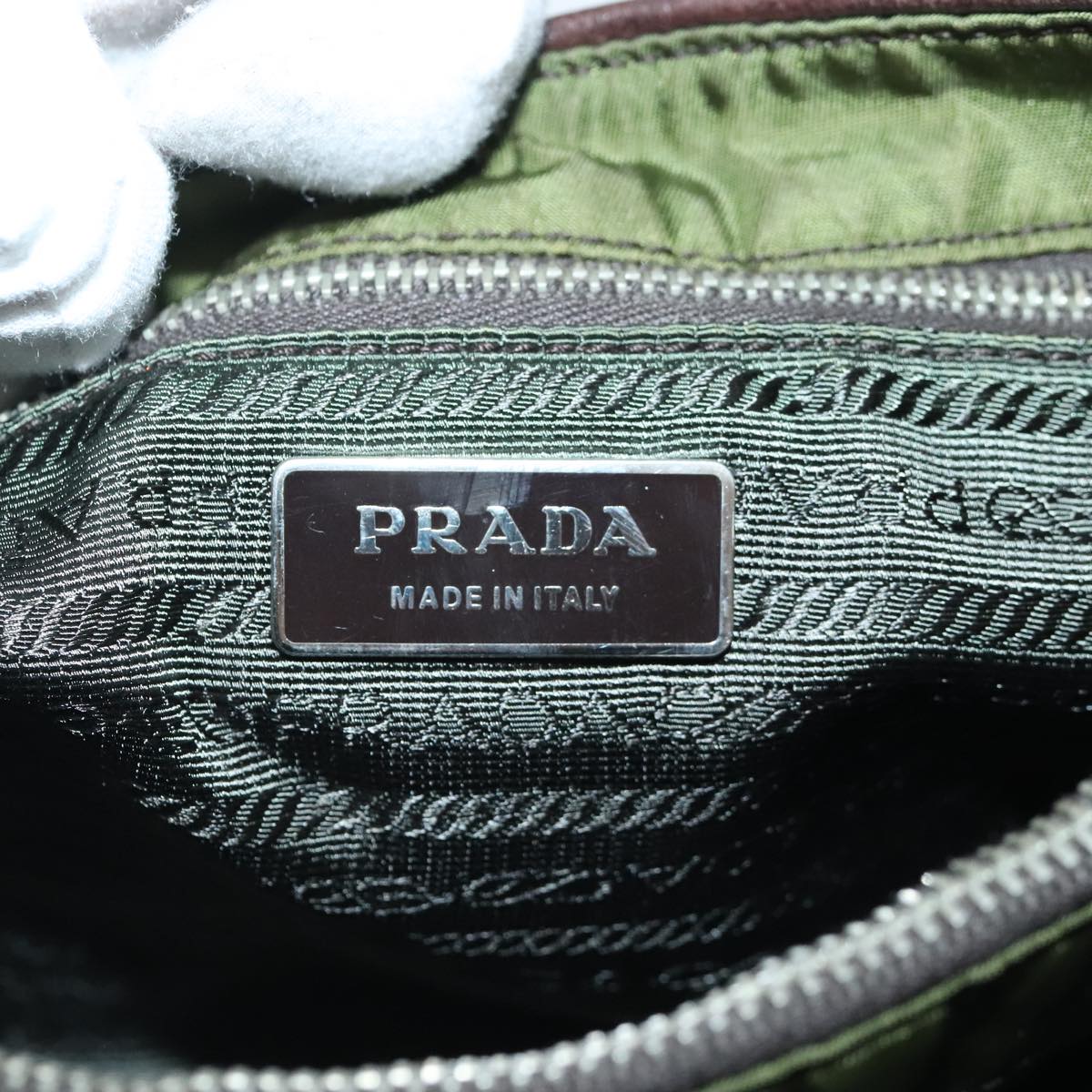 PRADA Tote Bag Nylon Khaki Silver Auth 96595