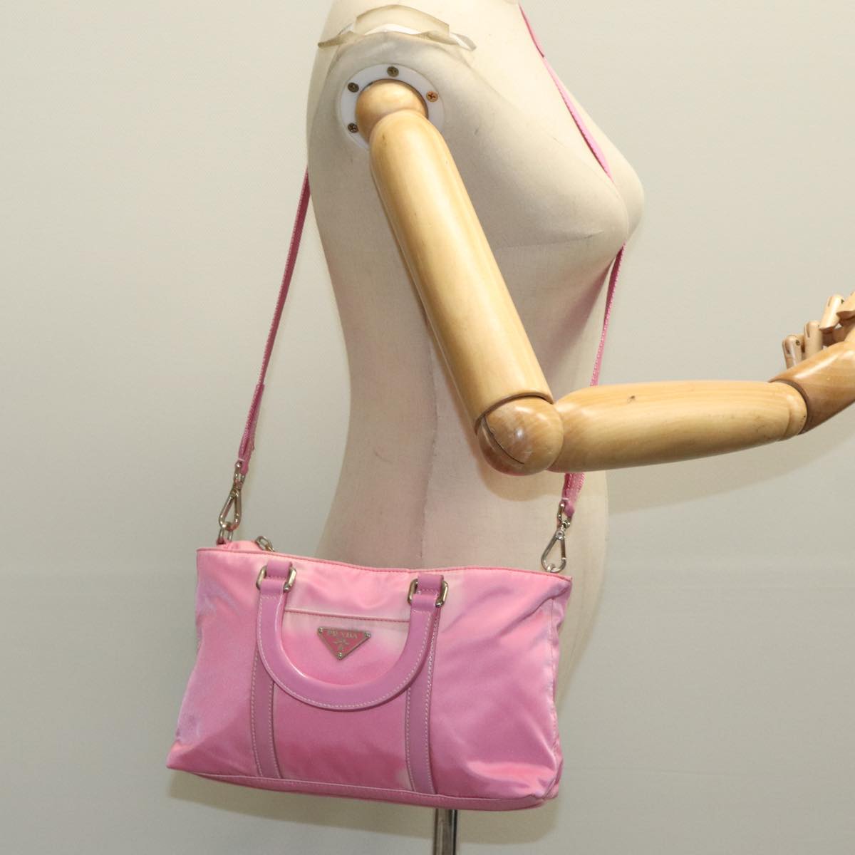 PRADA Hand Bag Nylon 2way Pink Silver Auth 96596