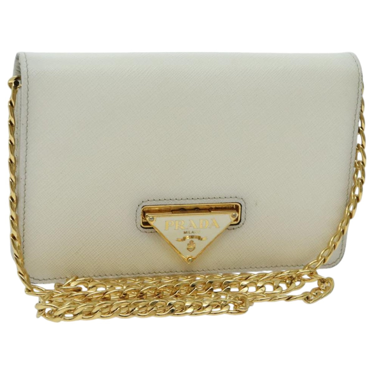 PRADA Chain Shoulder Bag Safiano leather White Gold Auth 96597