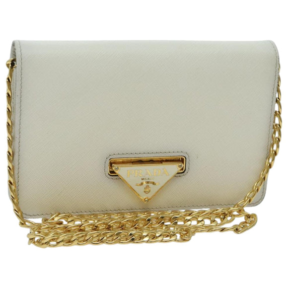 PRADA Chain Shoulder Bag Safiano leather White Gold Auth 96597