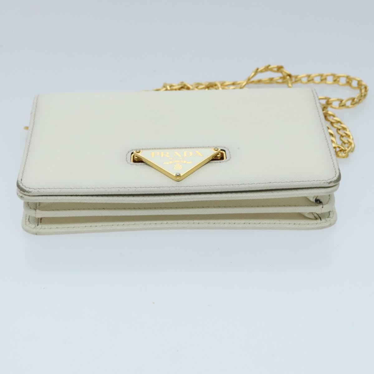 PRADA Chain Shoulder Bag Safiano leather White Gold Auth 96597