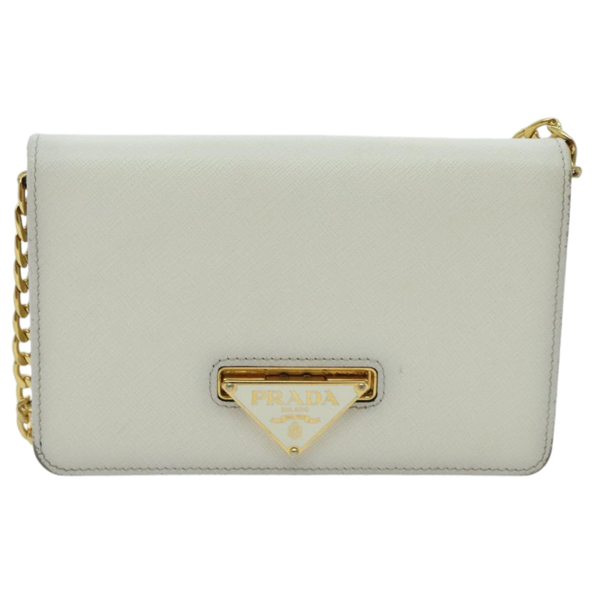 PRADA Chain Shoulder Bag Safiano leather White Gold Auth 96597 - 0