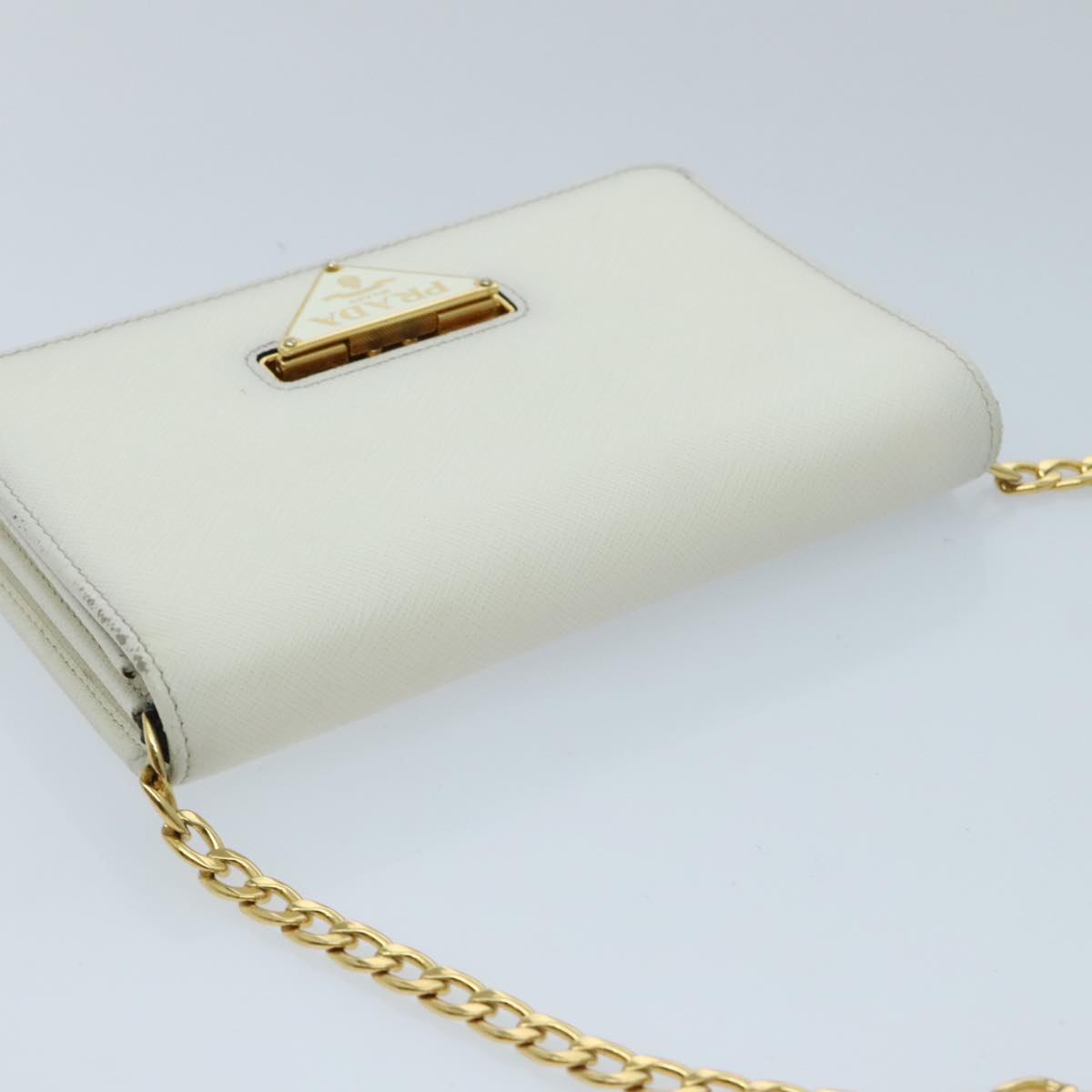 PRADA Chain Shoulder Bag Safiano leather White Gold Auth 96597