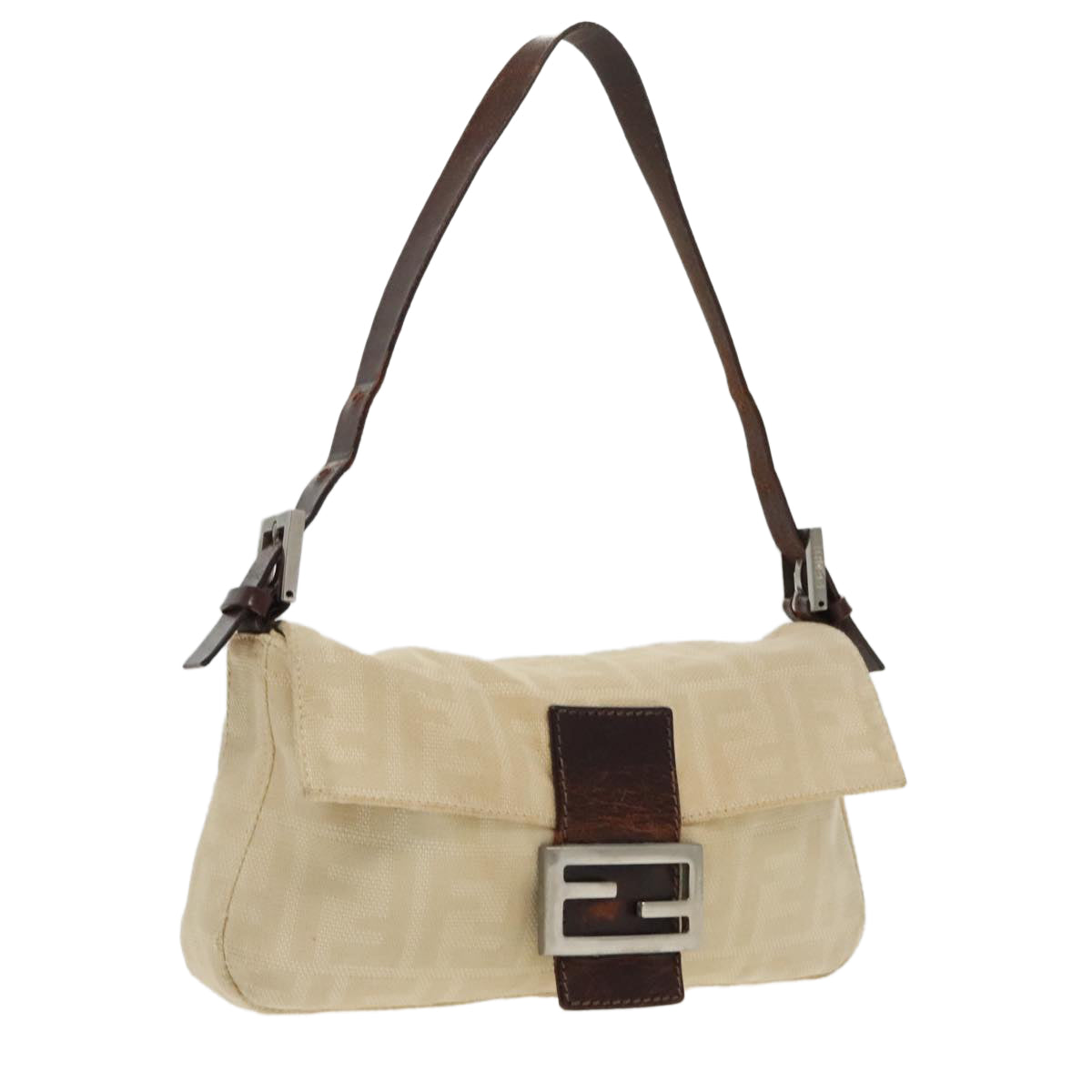 FENDI Zucca Canvas Mamma Baguette Shoulder Bag Beige Silver Auth 96599