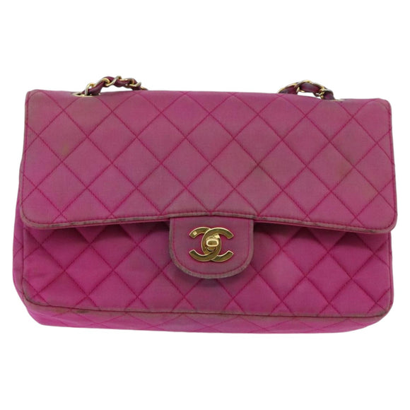 CHANEL Matelasse Chain Shoulder Bag Satin Gold Pink CC Auth 96601