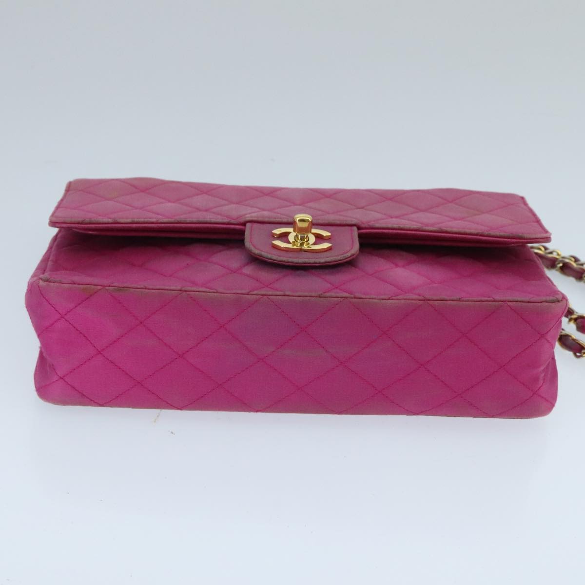 CHANEL Matelasse Chain Shoulder Bag Satin Gold Pink CC Auth 96601