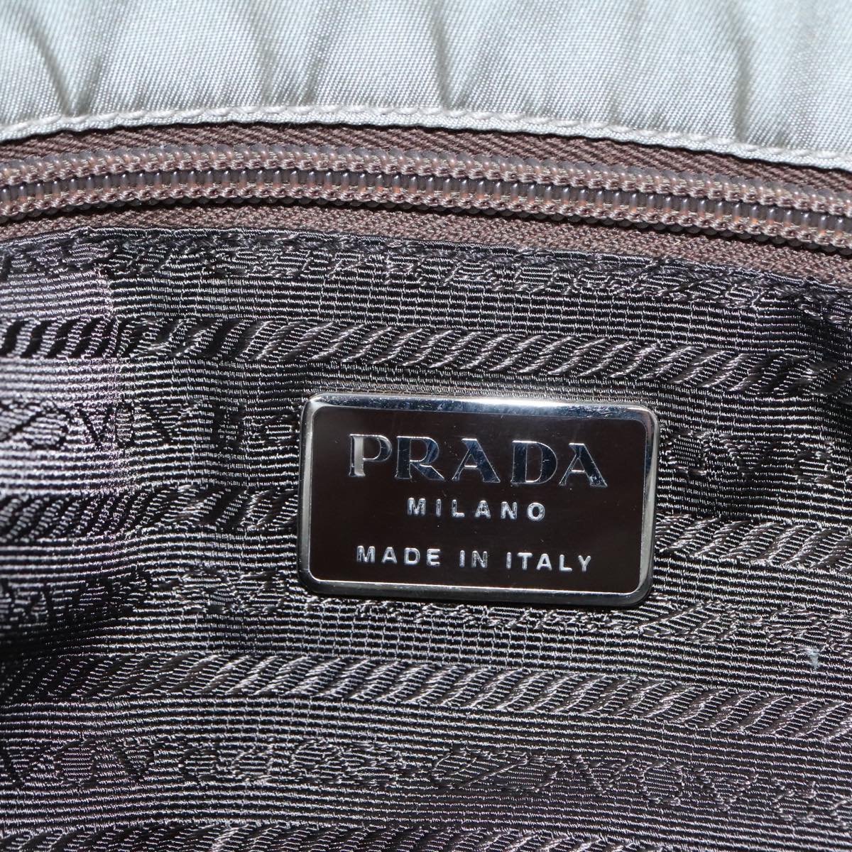 PRADA Tote Bag Nylon Khaki Silver Auth 96621