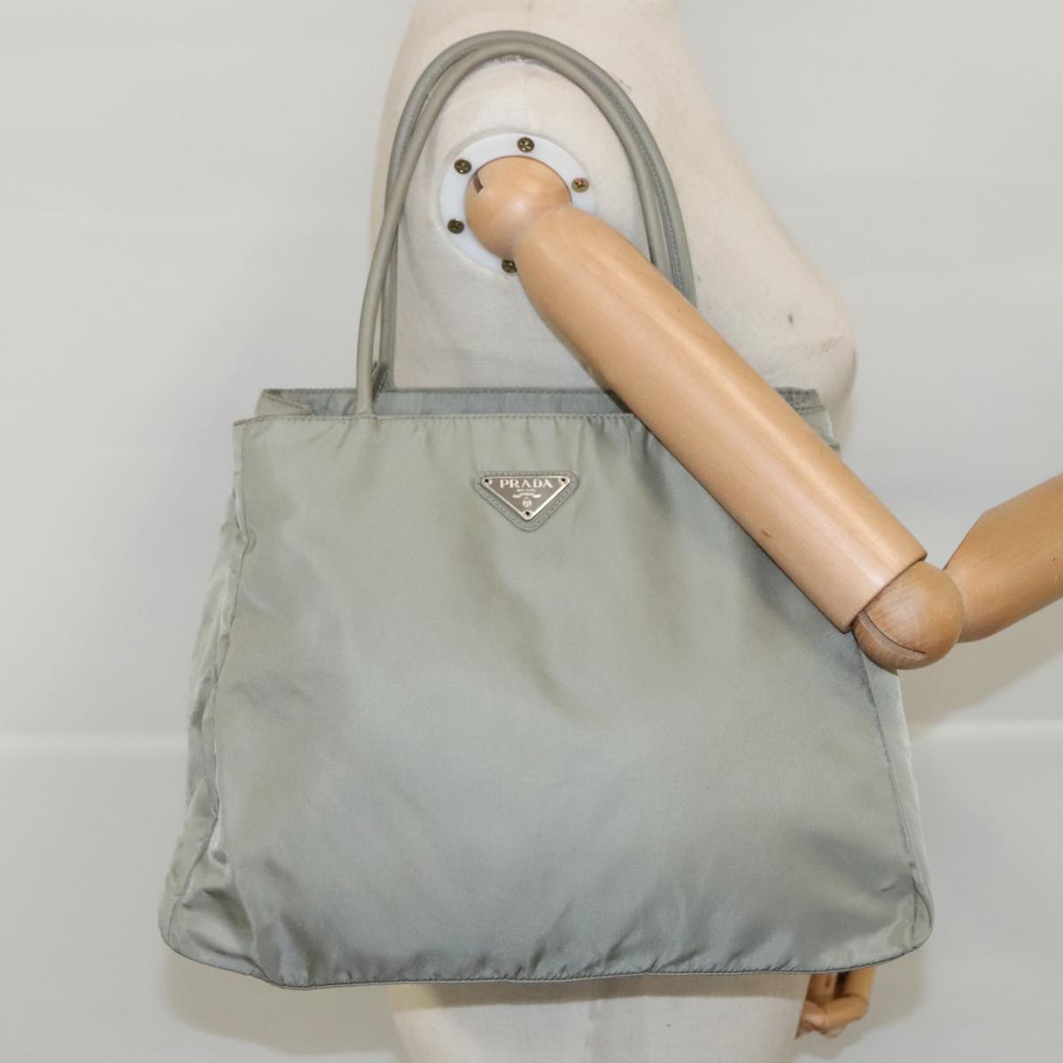 PRADA Tote Bag Nylon Khaki Silver Auth 96621