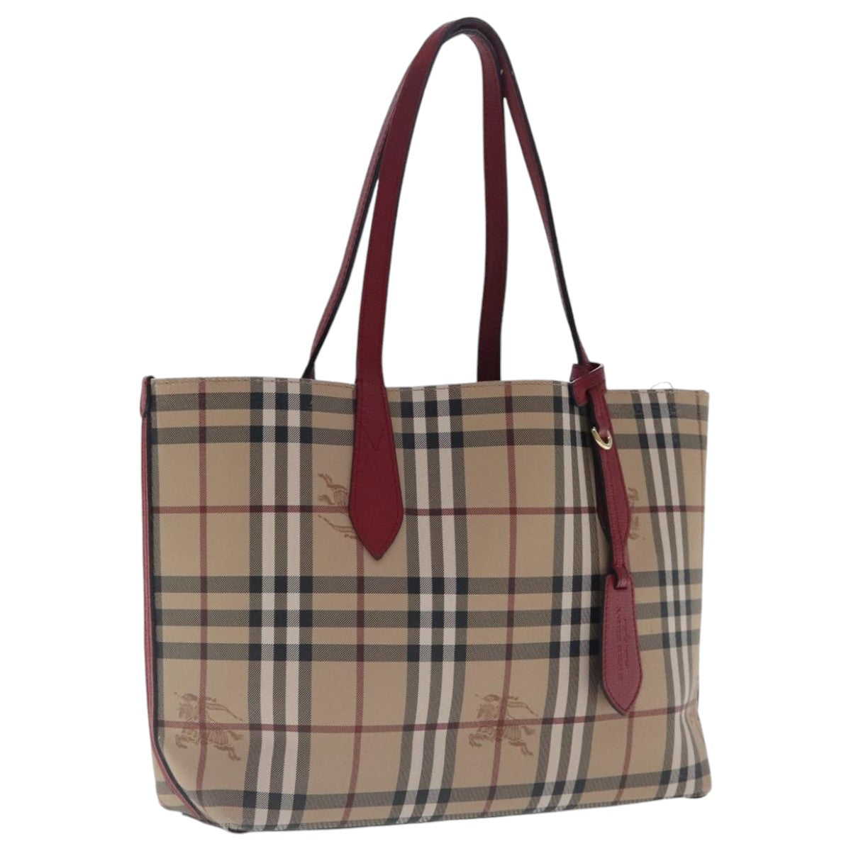 BURBERRY Nova Check Tote Bag Canvas Beige Red Auth 96629