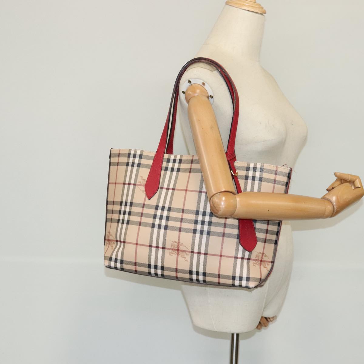 BURBERRY Nova Check Tote Bag Canvas Beige Red Auth 96629