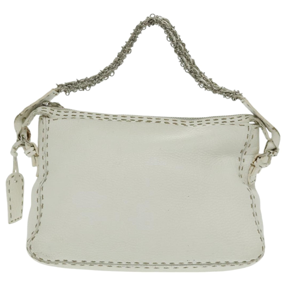 FENDI Shoulder Bag Leather White Silver Auth 96639