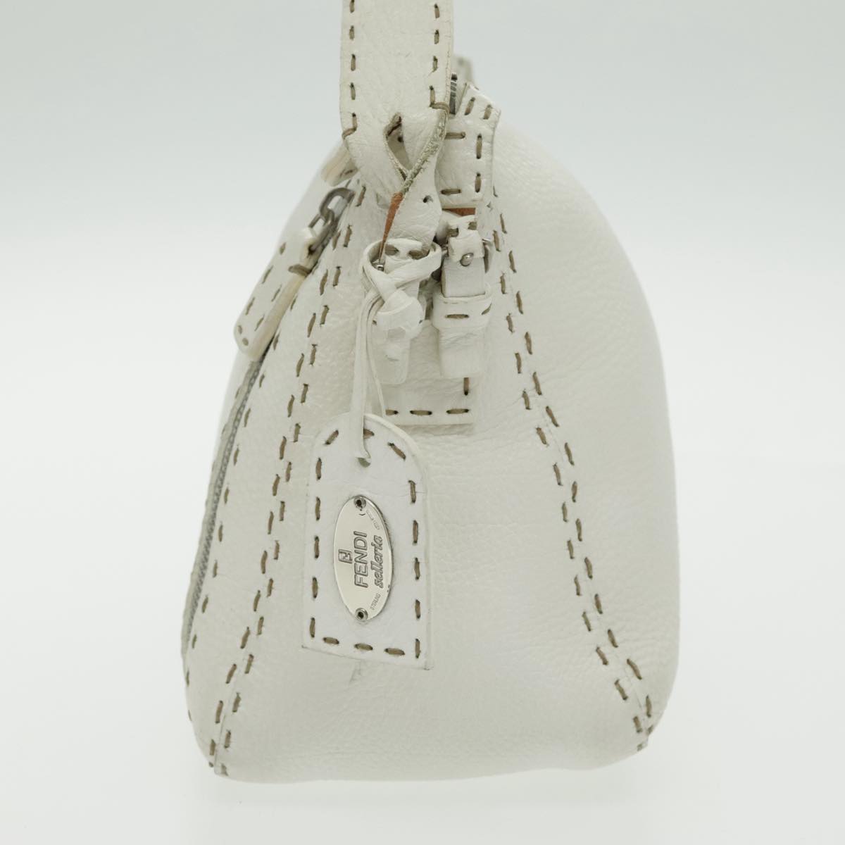 FENDI Shoulder Bag Leather White Silver Auth 96639