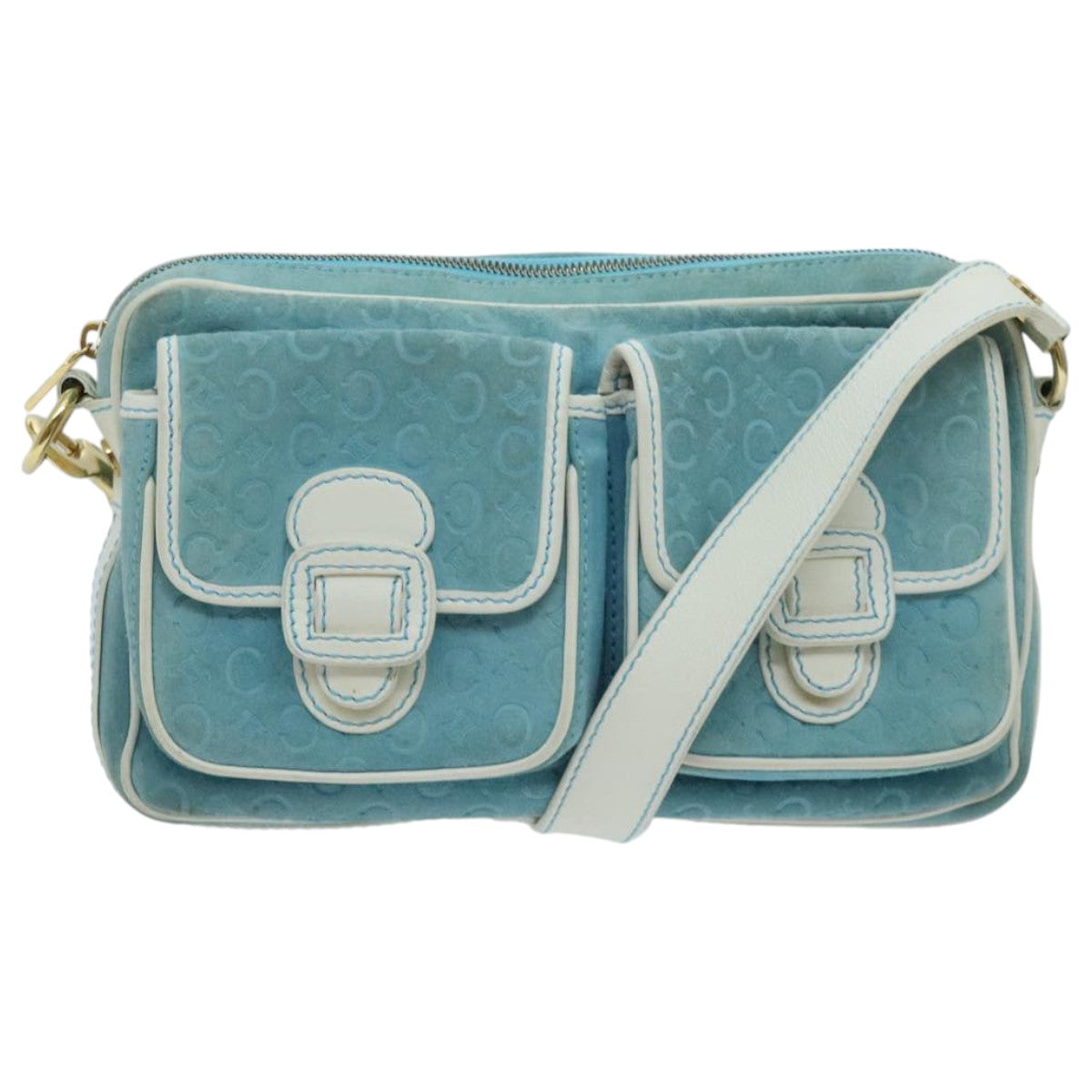 CELINE C Macadam Canvas Shoulder Bag Turquoise Blue Gold Auth 96640