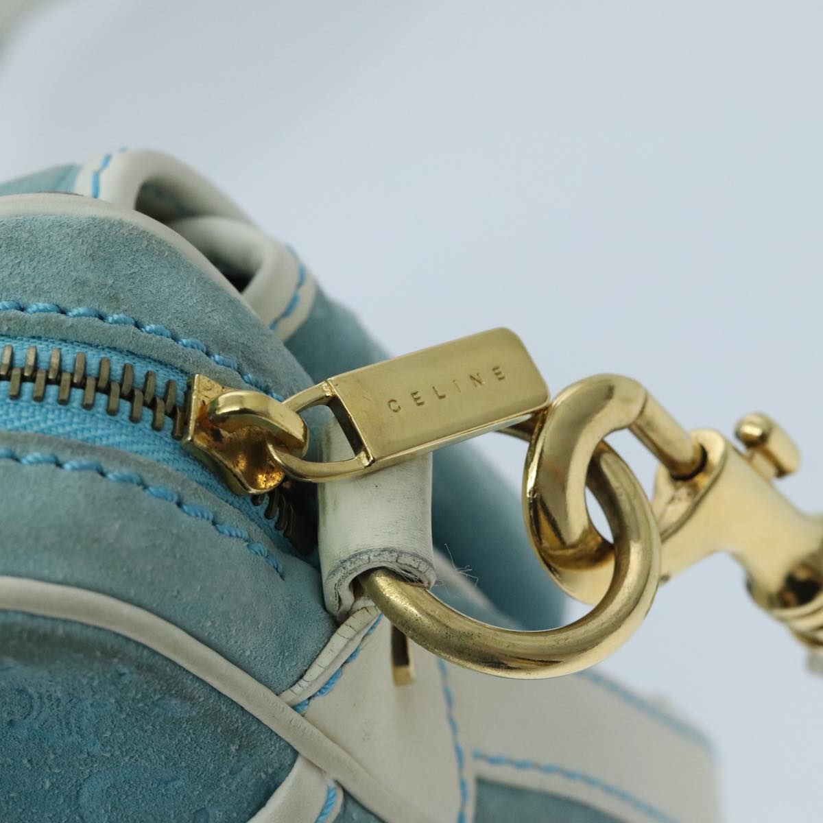 CELINE C Macadam Canvas Shoulder Bag Turquoise Blue Gold Auth 96640