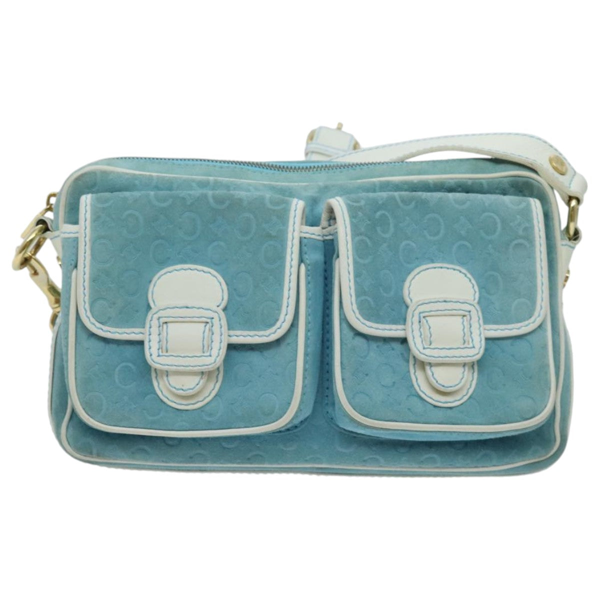 CELINE C Macadam Canvas Shoulder Bag Turquoise Blue Gold Auth 96640