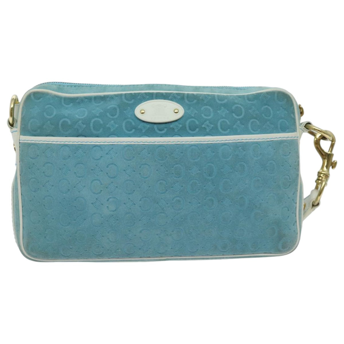 CELINE C Macadam Canvas Shoulder Bag Turquoise Blue Gold Auth 96640 - 0