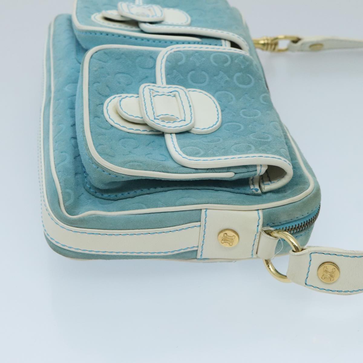 CELINE C Macadam Canvas Shoulder Bag Turquoise Blue Gold Auth 96640