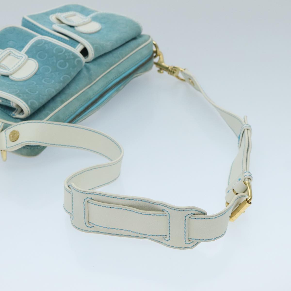 CELINE C Macadam Canvas Shoulder Bag Turquoise Blue Gold Auth 96640