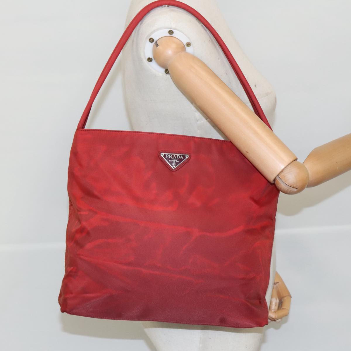 PRADA Tote Bag Nylon Red Silver Auth 96649